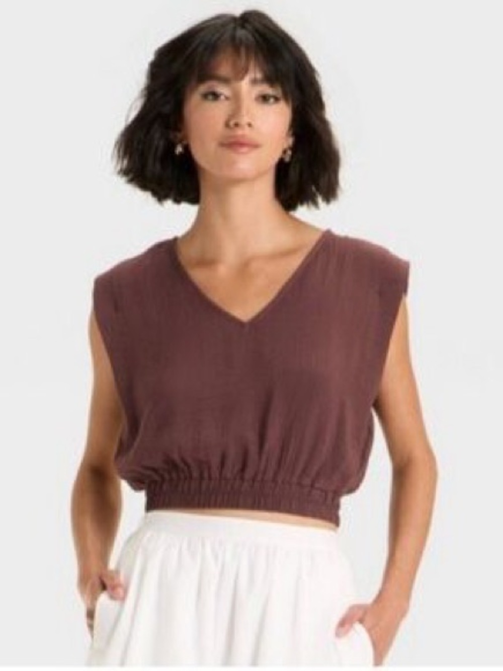a new day Mauve-Brown Cropped V-Neck Sleeveless Smock Waist Top Var Sizes NWT